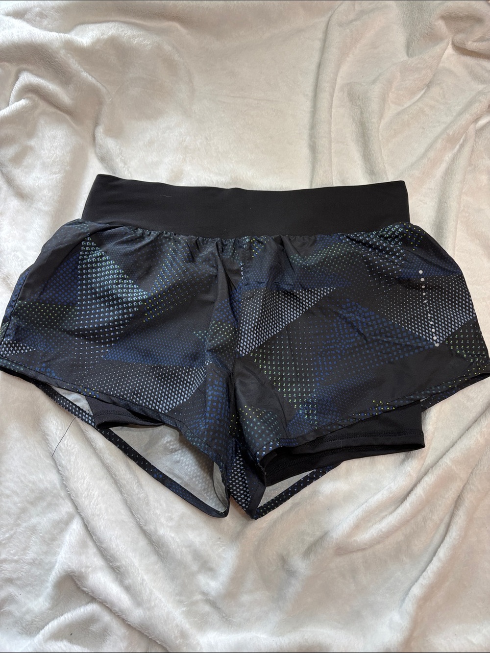 Women's Black Geometric Athletic Shorts with Subtle Blue Accents